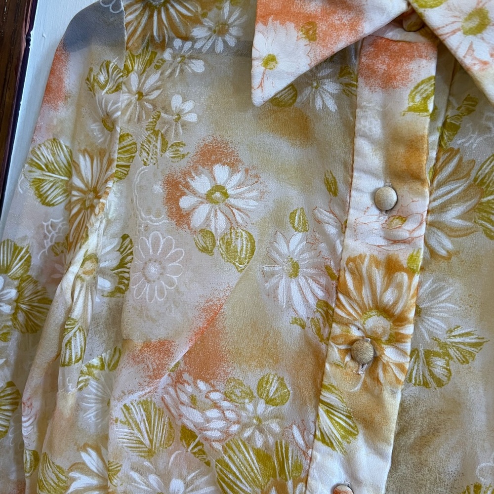 Vintage Floral Semi Sheer Button-Up Blouse in Cream, Olive & Peach